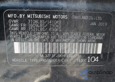 2019 Mitsubishi Mirage G4 Es z USA, uszkodzony, nr VIN ML32F3FJ5KHF11027